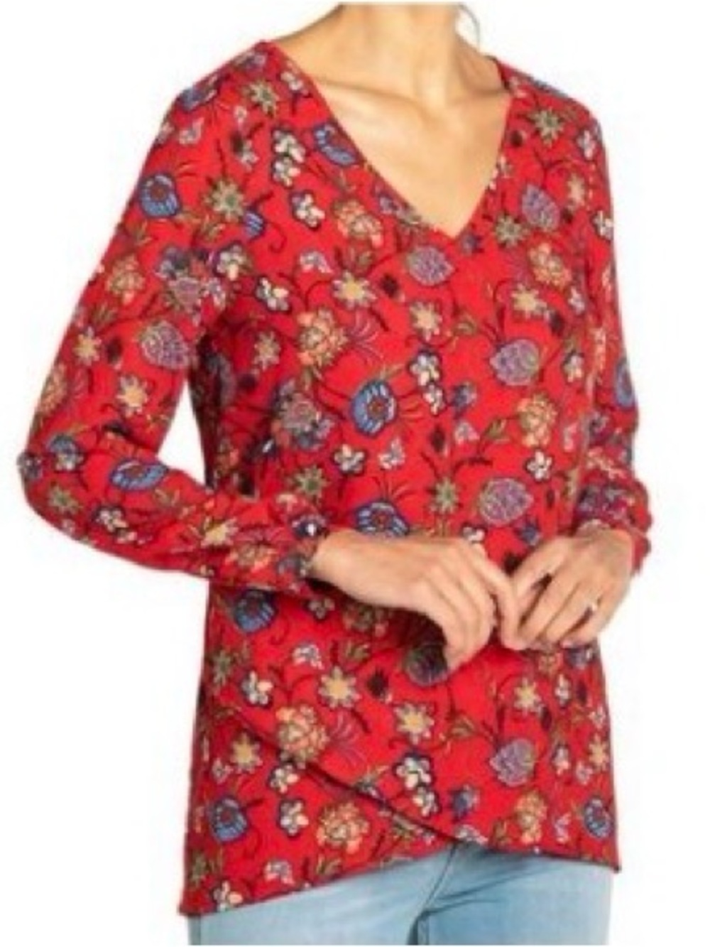 Chelsea & Theodore Blouse Red Floral Long Sleeve V-Neck Tunic Top Large